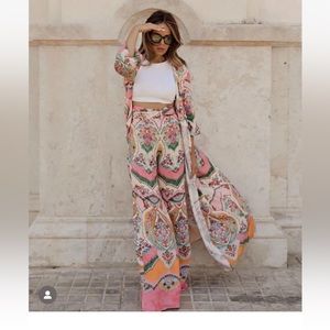 ZARA WOMAN NWT SS22 PINK PALAZZO PRINTED PANTS WITH BELT 3430/742